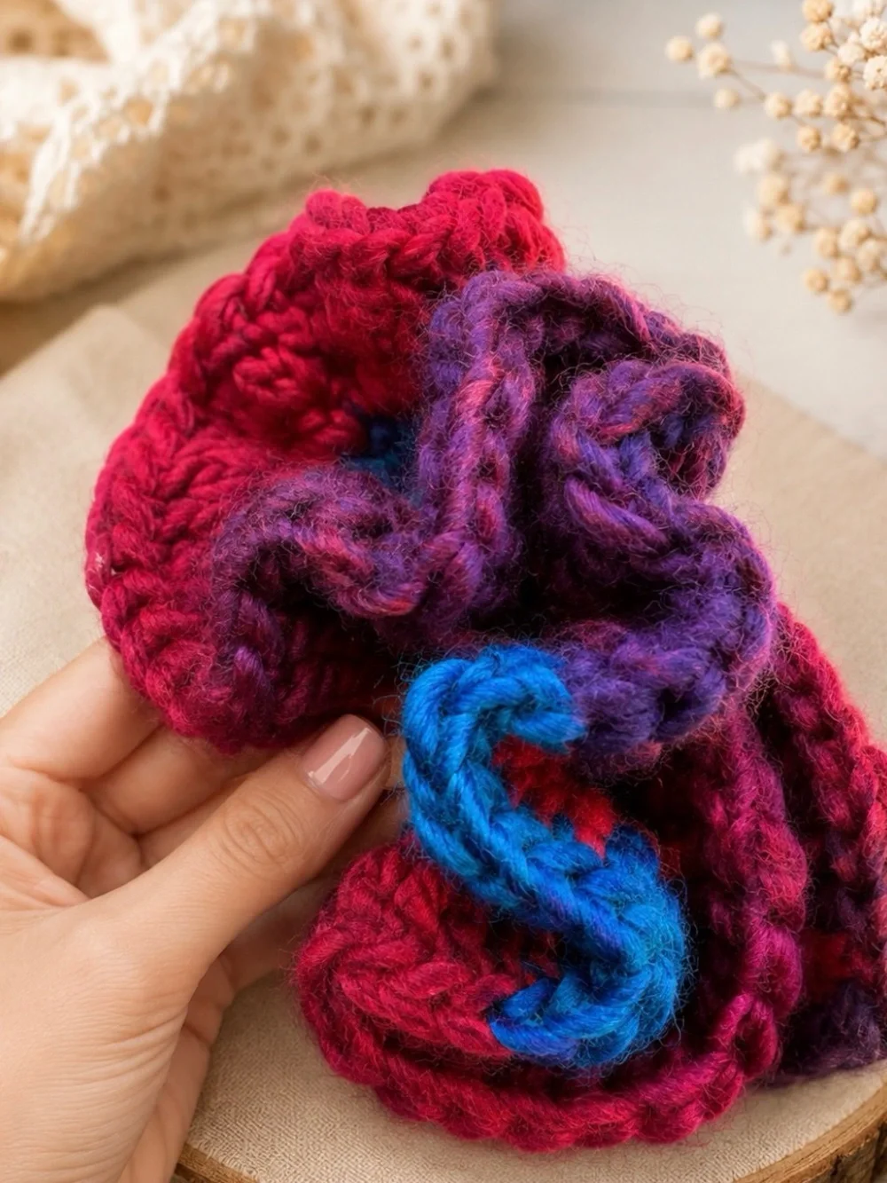 Hand-Knit Multicolor Kids Scrunchie - Rainbow Floral Design